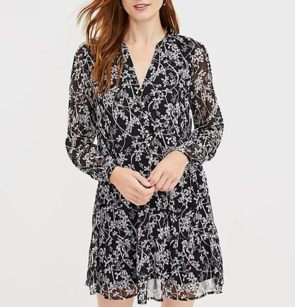 LOFT Black White Vine Floral Drop Waist Tiered Mini Dress Lined Long Sleeve L
